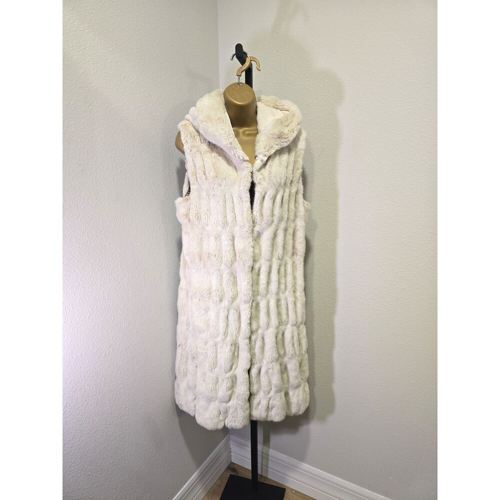Donna Salyers Fabulous Furs Long Hooded Vest Coat Med Plush Vegan Faux Designer